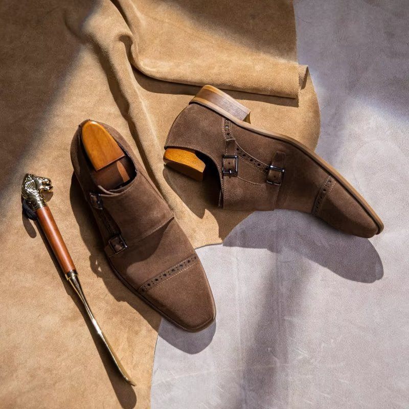 Sapatos Formais Masculinos Chiques Com Fecho Fivela Monkstraps - Marrom