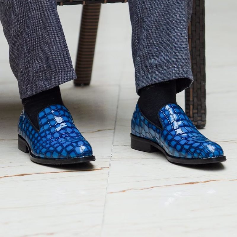 Sapatos Formais Masculinos Chiques Couro Crocodilo Sem Cadarço - Azul