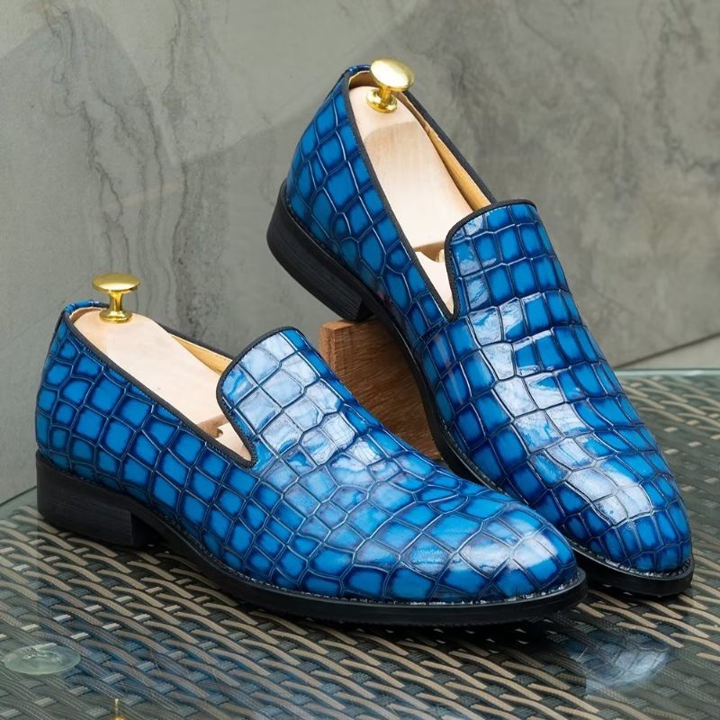 Sapatos Formais Masculinos Chiques Couro Crocodilo Sem Cadarço - Azul