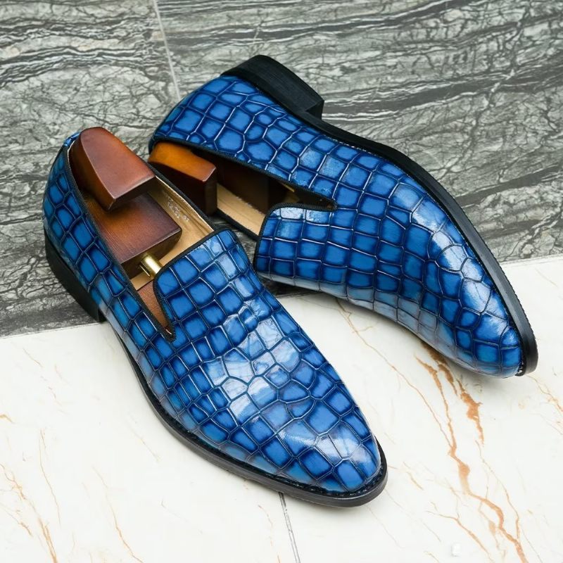 Sapatos Formais Masculinos Chiques Couro Crocodilo Sem Cadarço - Azul