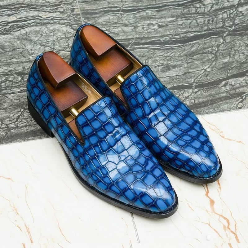 Sapatos Formais Masculinos Chiques Couro Crocodilo Sem Cadarço - Azul