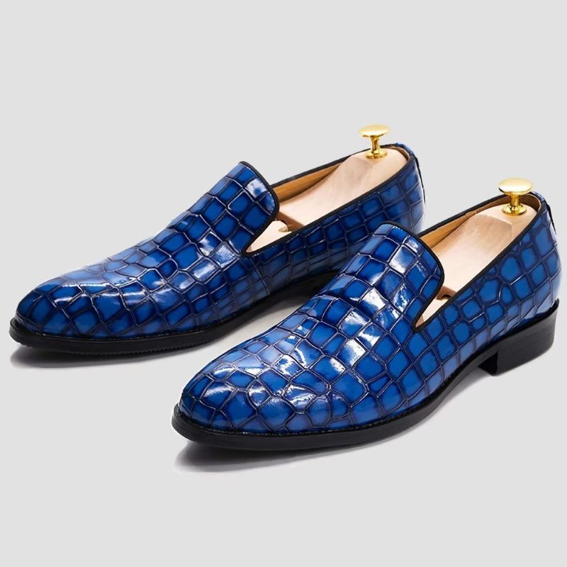 Sapatos Formais Masculinos Chiques Couro Crocodilo Sem Cadarço - Azul