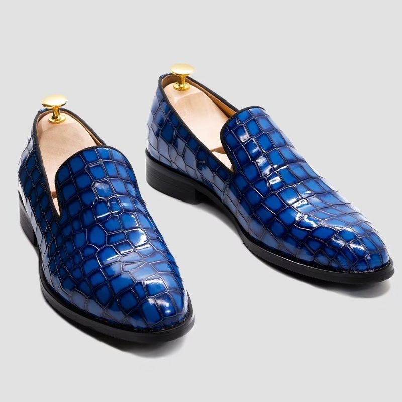 Sapatos Formais Masculinos Chiques Couro Crocodilo Sem Cadarço - Azul