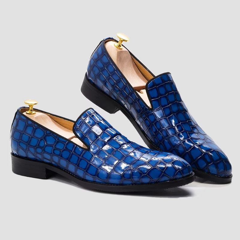 Sapatos Formais Masculinos Chiques Couro Crocodilo Sem Cadarço - Azul