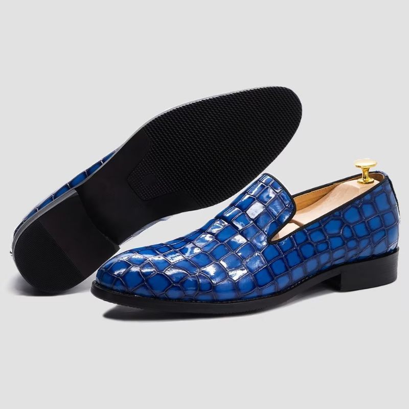 Sapatos Formais Masculinos Chiques Couro Crocodilo Sem Cadarço - Azul