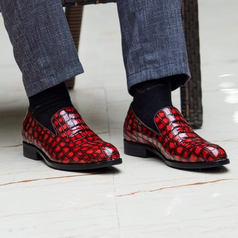 Sapatos Formais Masculinos Chiques Couro Crocodilo Sem Cadarço - Vermelho