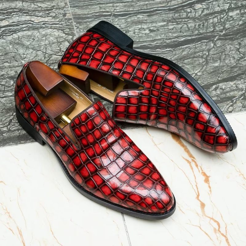 Sapatos Formais Masculinos Chiques Couro Crocodilo Sem Cadarço - Vermelho