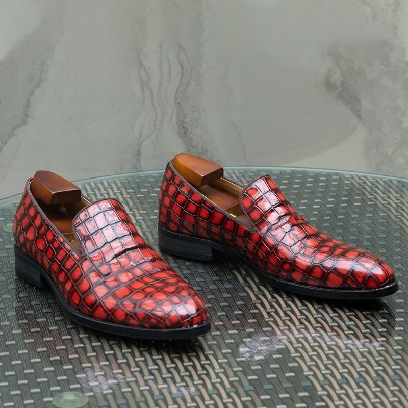 Sapatos Formais Masculinos Chiques Couro Crocodilo Sem Cadarço - Vermelho