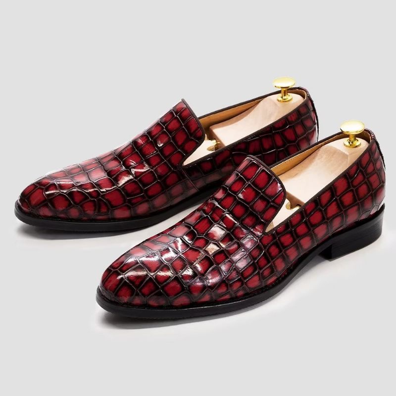 Sapatos Formais Masculinos Chiques Couro Crocodilo Sem Cadarço - Vermelho