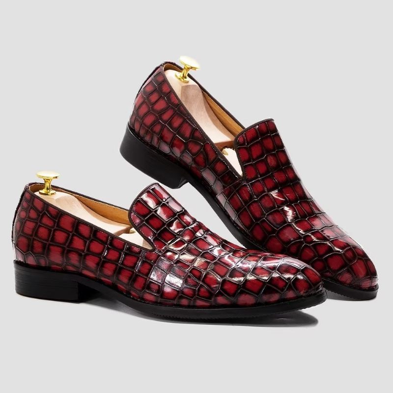 Sapatos Formais Masculinos Chiques Couro Crocodilo Sem Cadarço - Vermelho