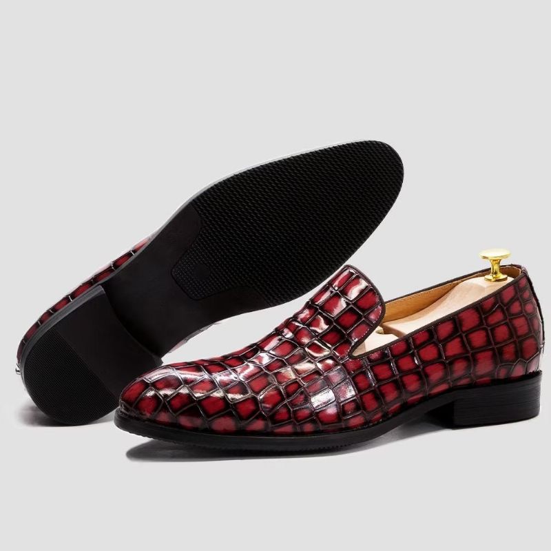 Sapatos Formais Masculinos Chiques Couro Crocodilo Sem Cadarço - Vermelho