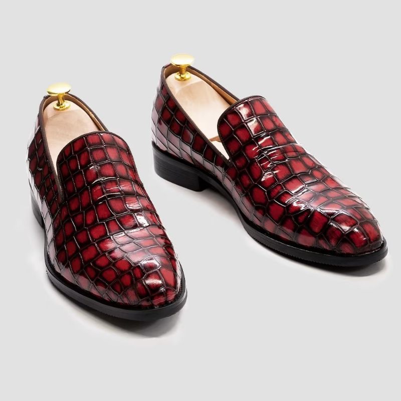 Sapatos Formais Masculinos Chiques Couro Crocodilo Sem Cadarço - Vermelho