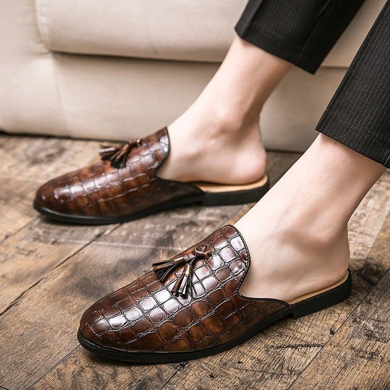 Sapatos Formais Masculinos Chiques E Confortáveis Com Padrão Crocodilo Slip-on Mules - Café