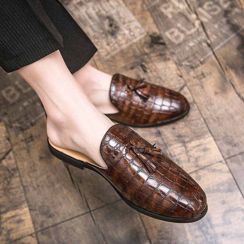 Sapatos Formais Masculinos Chiques E Confortáveis Com Padrão Crocodilo Slip-on Mules - Café