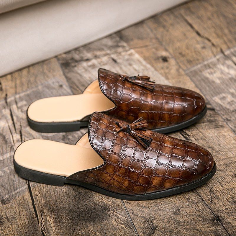 Sapatos Formais Masculinos Chiques E Confortáveis Com Padrão Crocodilo Slip-on Mules - Café