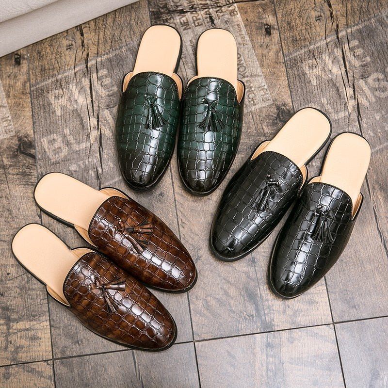 Sapatos Formais Masculinos Chiques E Confortáveis Com Padrão Crocodilo Slip-on Mules - Café