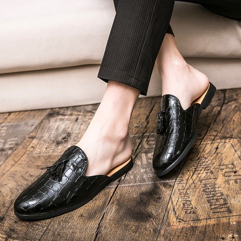 Sapatos Formais Masculinos Chiques E Confortáveis Com Padrão Crocodilo Slip-on Mules - Preto