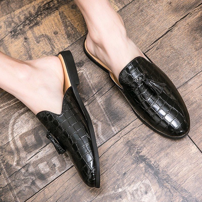 Sapatos Formais Masculinos Chiques E Confortáveis Com Padrão Crocodilo Slip-on Mules - Preto