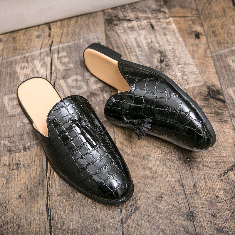 Sapatos Formais Masculinos Chiques E Confortáveis Com Padrão Crocodilo Slip-on Mules - Preto