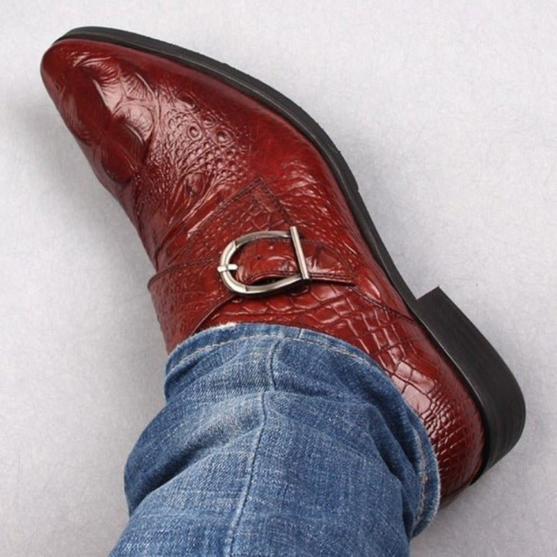 Sapatos Formais Masculinos Com Bico Fino E Slip-on Brogue - Vermelho