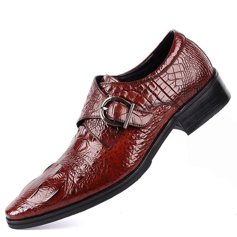 Sapatos Formais Masculinos Com Bico Fino E Slip-on Brogue - Vermelho