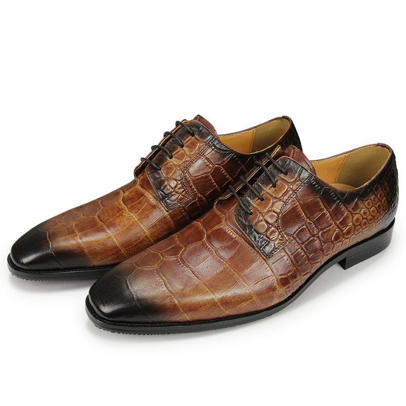 Sapatos Formais Masculinos Com Bico Fino E Textura Crocodilo Derby - Café