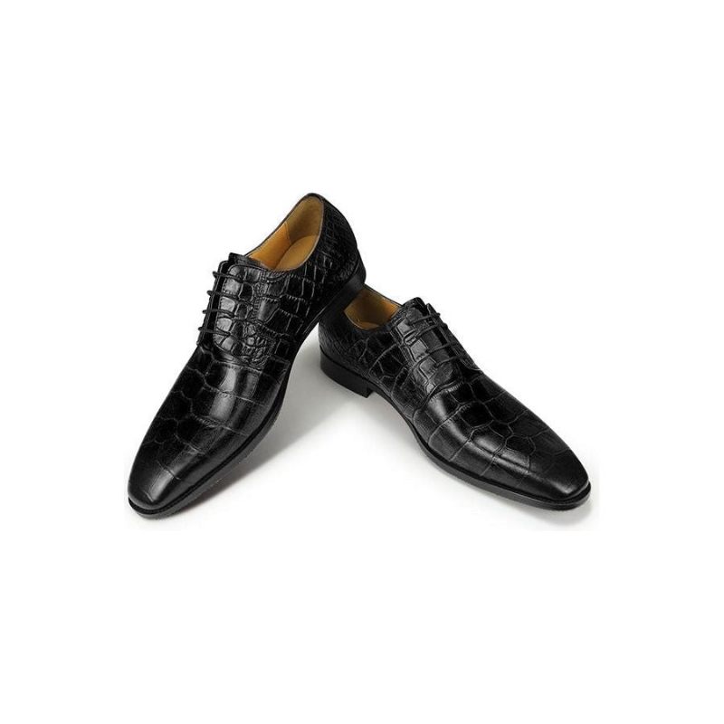 Sapatos Formais Masculinos Com Bico Fino E Textura Crocodilo Derby - Preto