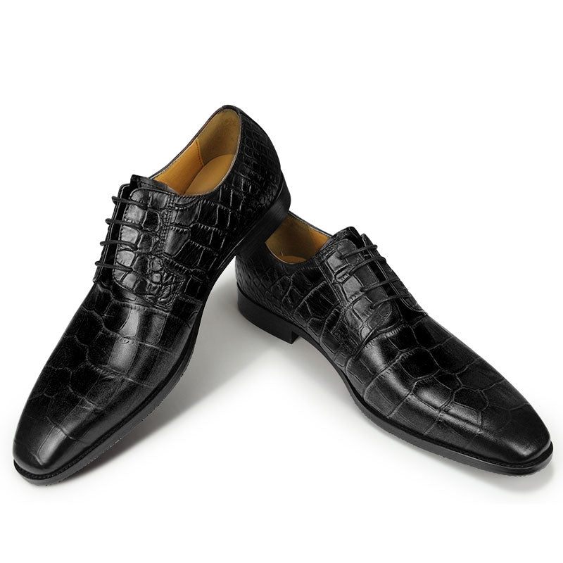 Sapatos Formais Masculinos Com Bico Fino E Textura Crocodilo Derby - Preto