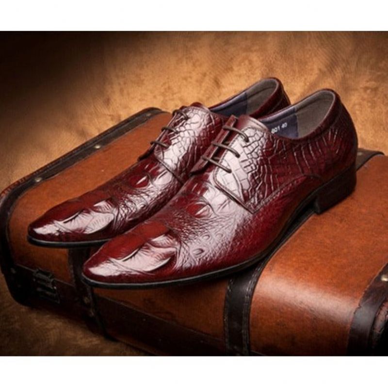 Sapatos Formais Masculinos Com Bico Fino E Textura Jacaré Brogue - Vermelho