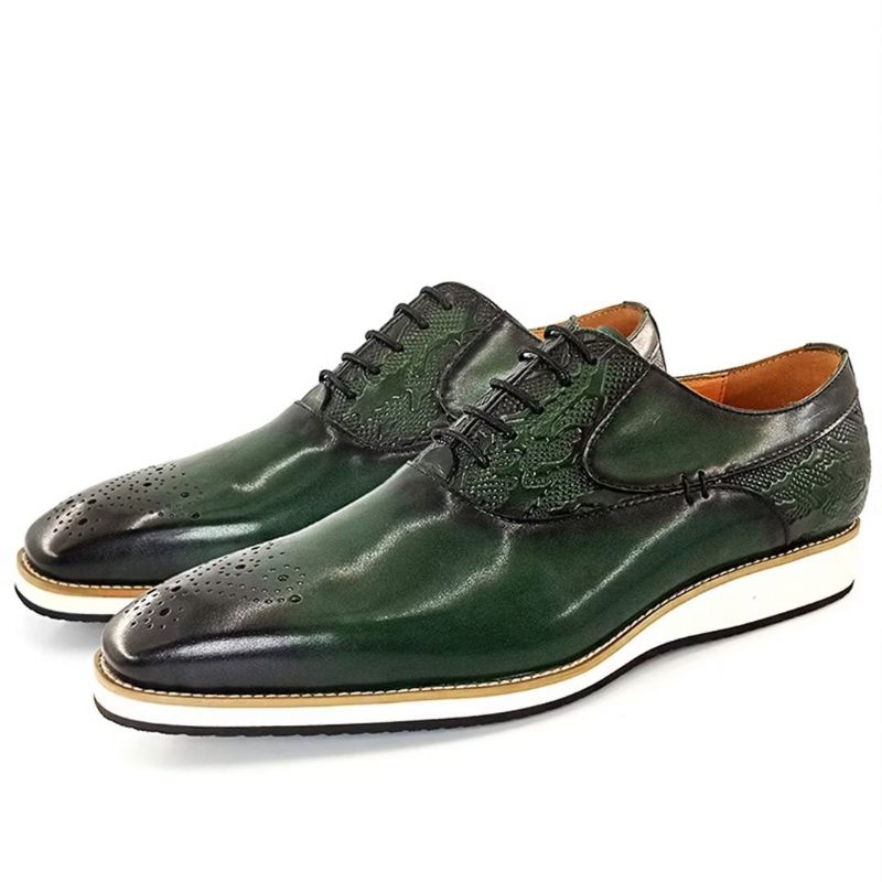 Sapatos Formais Masculinos Com Bico Quadrado Em Couro Legítimo E Casuais - Verde