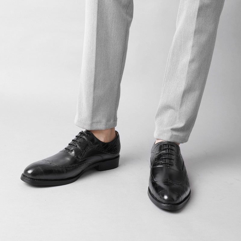 Sapatos Formais Masculinos Com Cadarço E Padrão Jacaré Pontiagudo Oxford - Preto