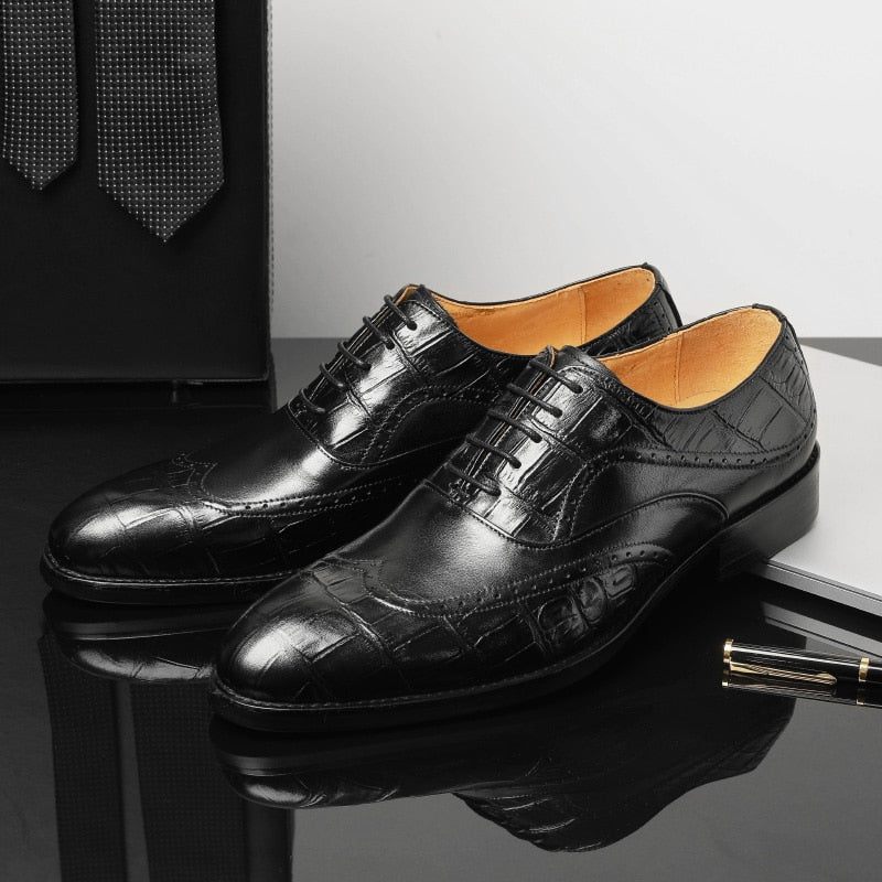 Sapatos Formais Masculinos Com Cadarço E Padrão Jacaré Pontiagudo Oxford - Preto