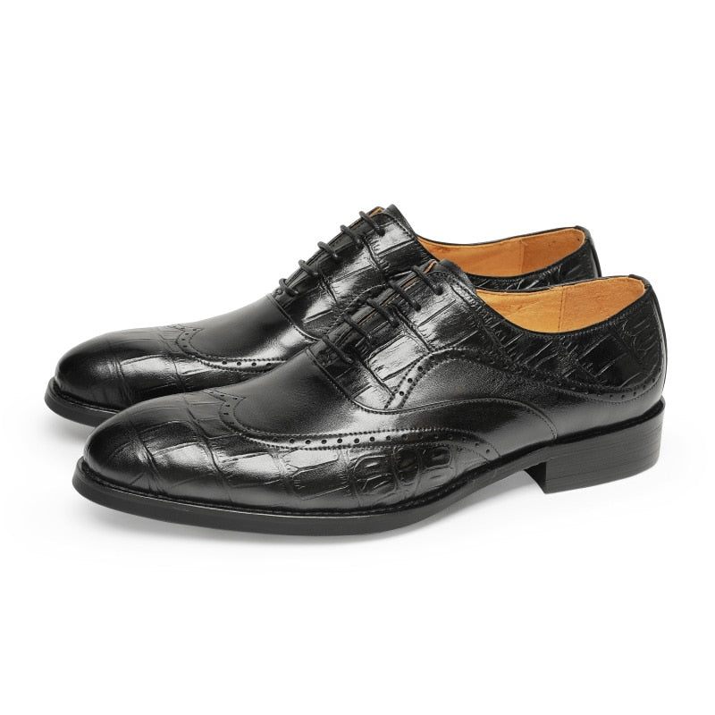 Sapatos Formais Masculinos Com Cadarço E Padrão Jacaré Pontiagudo Oxford - Preto