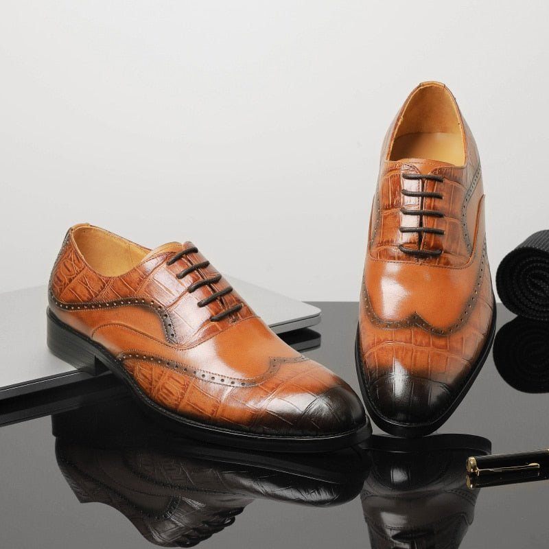 Sapatos Formais Masculinos Com Cadarço E Padrão Jacaré Pontiagudo Oxford - Marrom