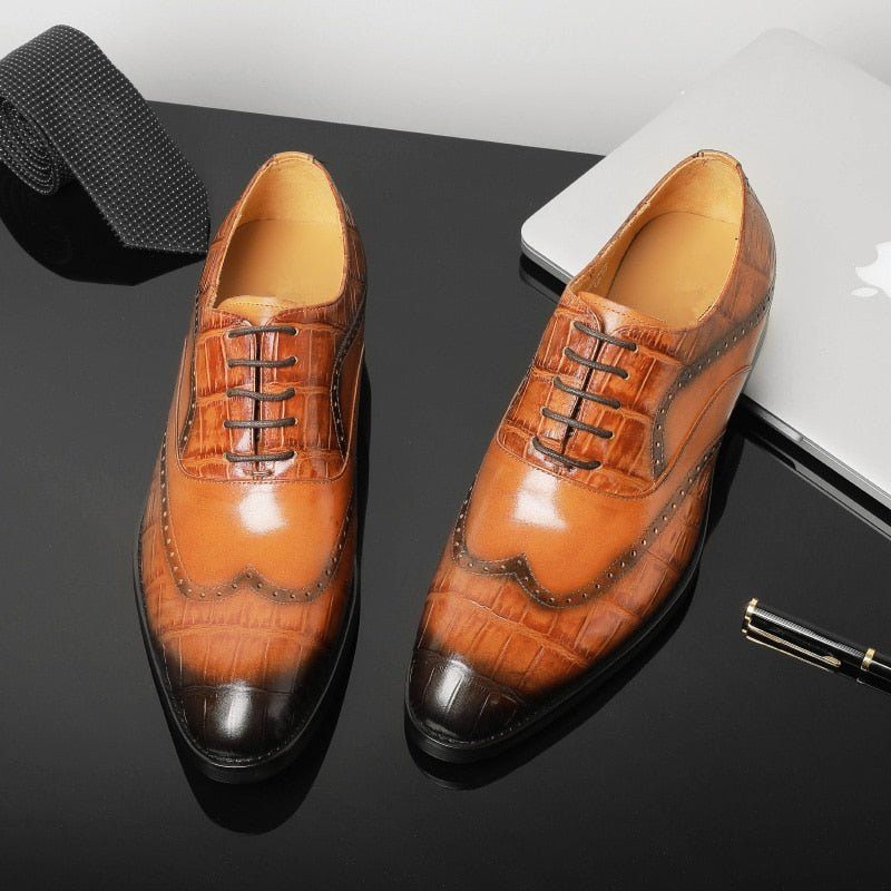 Sapatos Formais Masculinos Com Cadarço E Padrão Jacaré Pontiagudo Oxford - Marrom