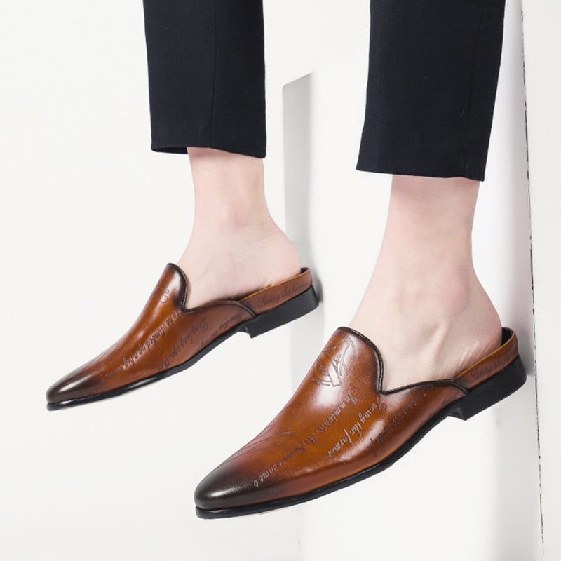 Sapatos Formais Masculinos Com Design Texto Exótico Chinelos Slip-on - Café