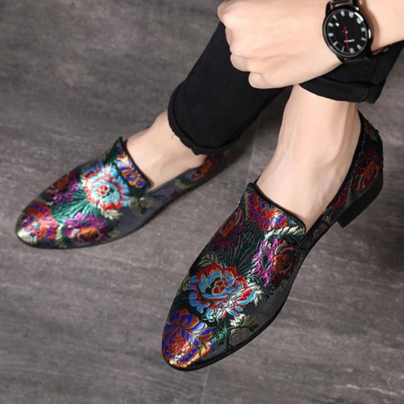 Sapatos Formais Masculinos Com Estampa Floral Exótica E Deslizamento Em Sociais - Multicolorido 3