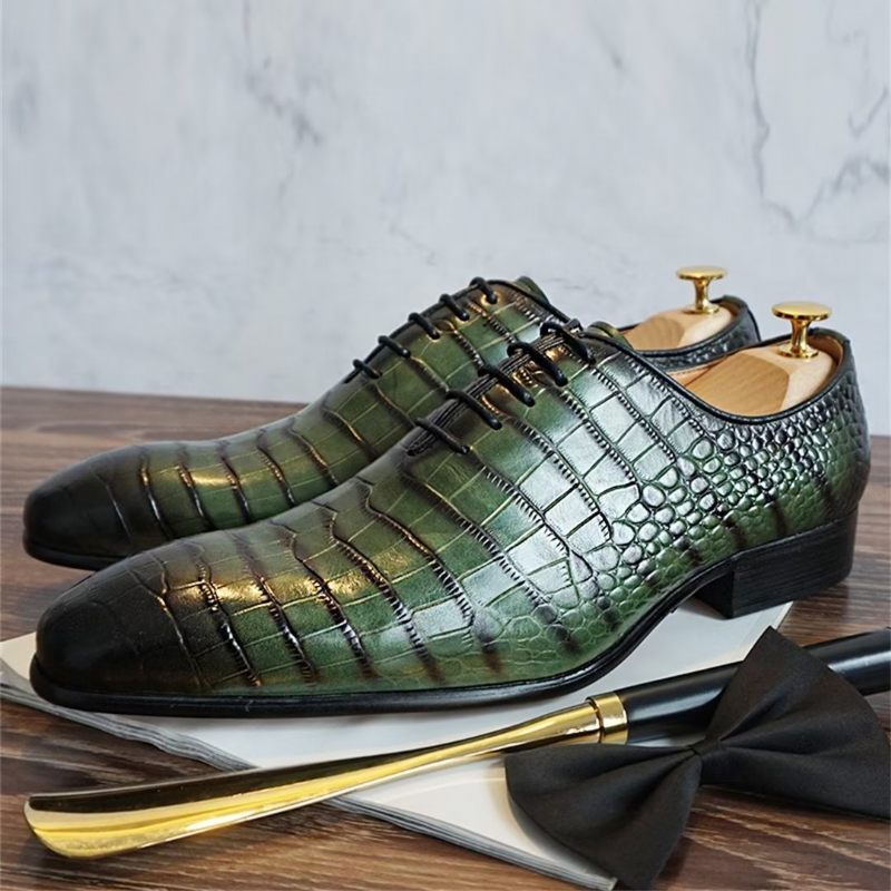 Sapatos Formais Masculinos Com Padrão Crocodilo Genuíno Sociais Outono - Verde