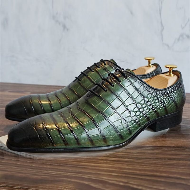 Sapatos Formais Masculinos Com Padrão Crocodilo Genuíno Sociais Outono - Verde