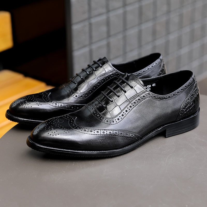 Sapatos Formais Masculinos Com Padrão Exótico Em Renda Brogue - Preto