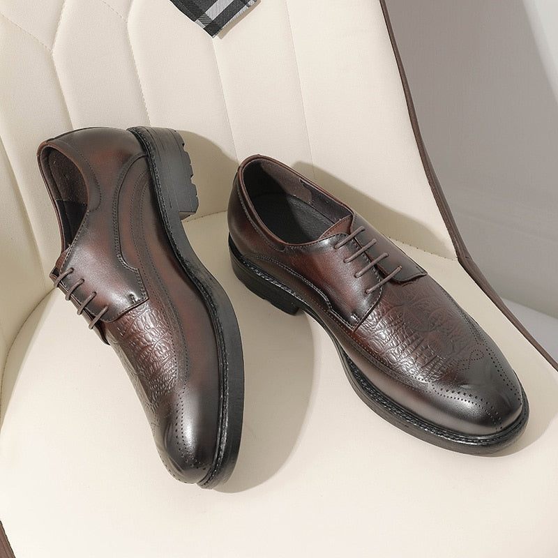 Sapatos Formais Masculinos Com Padrão Exótico Oxford Cordões - Café