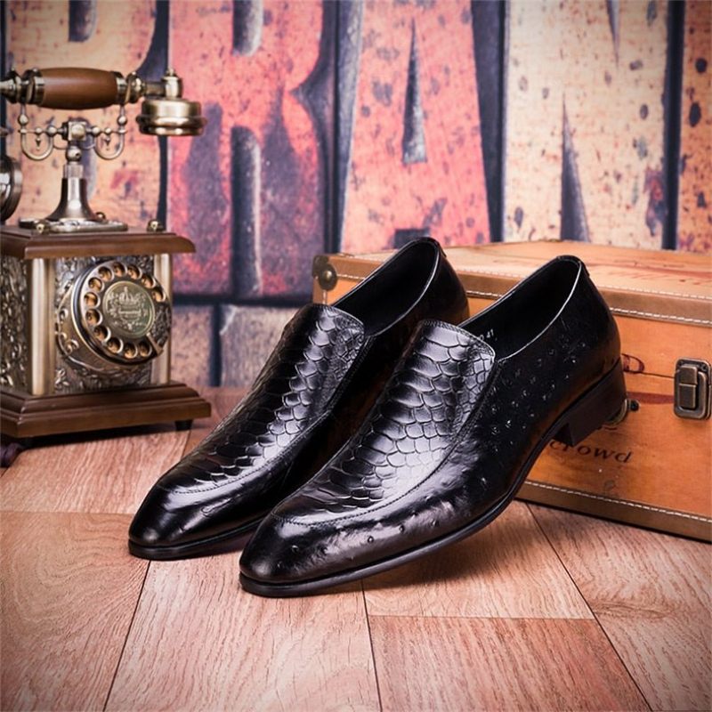 Sapatos Formais Masculinos Com Textura Crocodilo Couro Slip-on Oxford Brogues - Preto