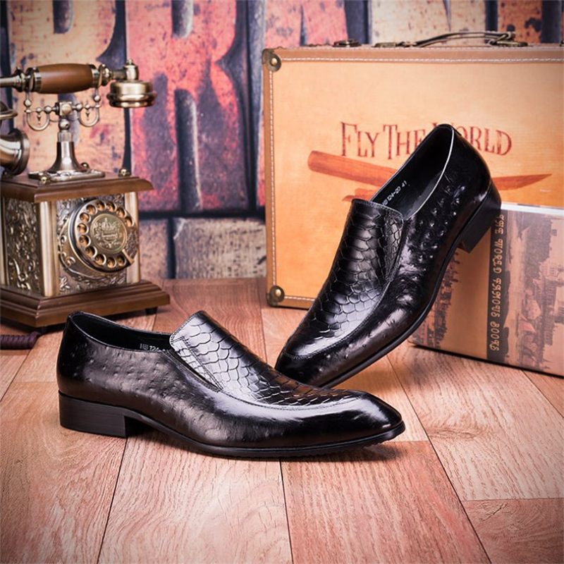 Sapatos Formais Masculinos Com Textura Crocodilo Couro Slip-on Oxford Brogues - Preto