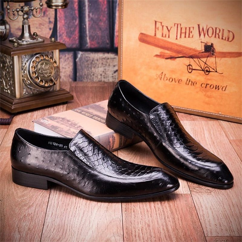 Sapatos Formais Masculinos Com Textura Crocodilo Couro Slip-on Oxford Brogues - Preto