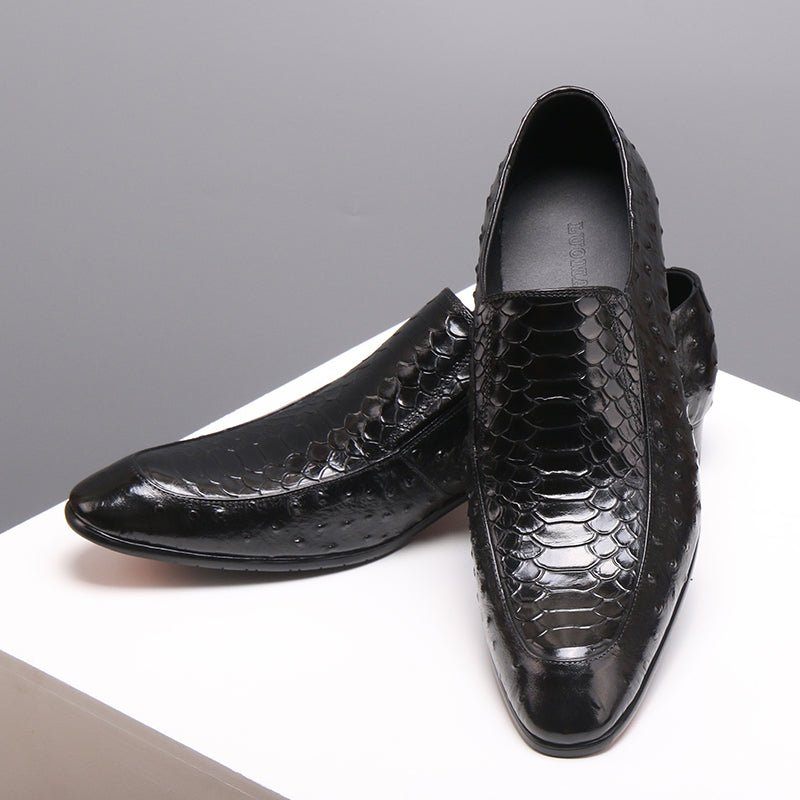 Sapatos Formais Masculinos Com Textura Crocodilo Couro Slip-on Oxford Brogues - Preto