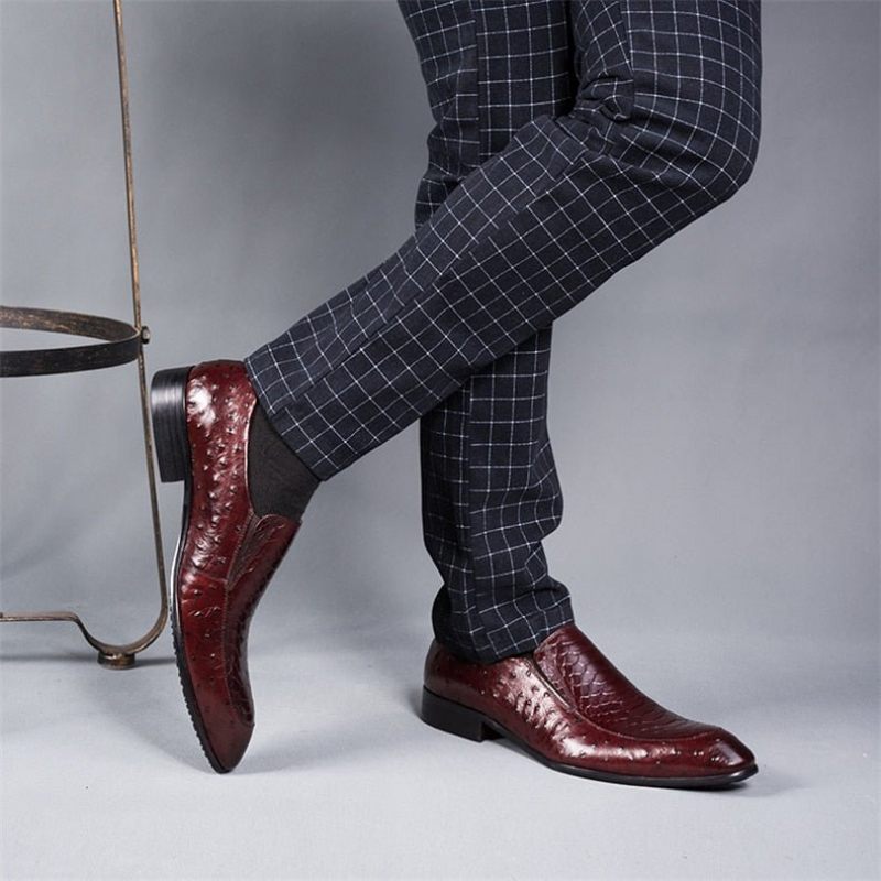 Sapatos Formais Masculinos Com Textura Crocodilo Couro Slip-on Oxford Brogues - Vermelho