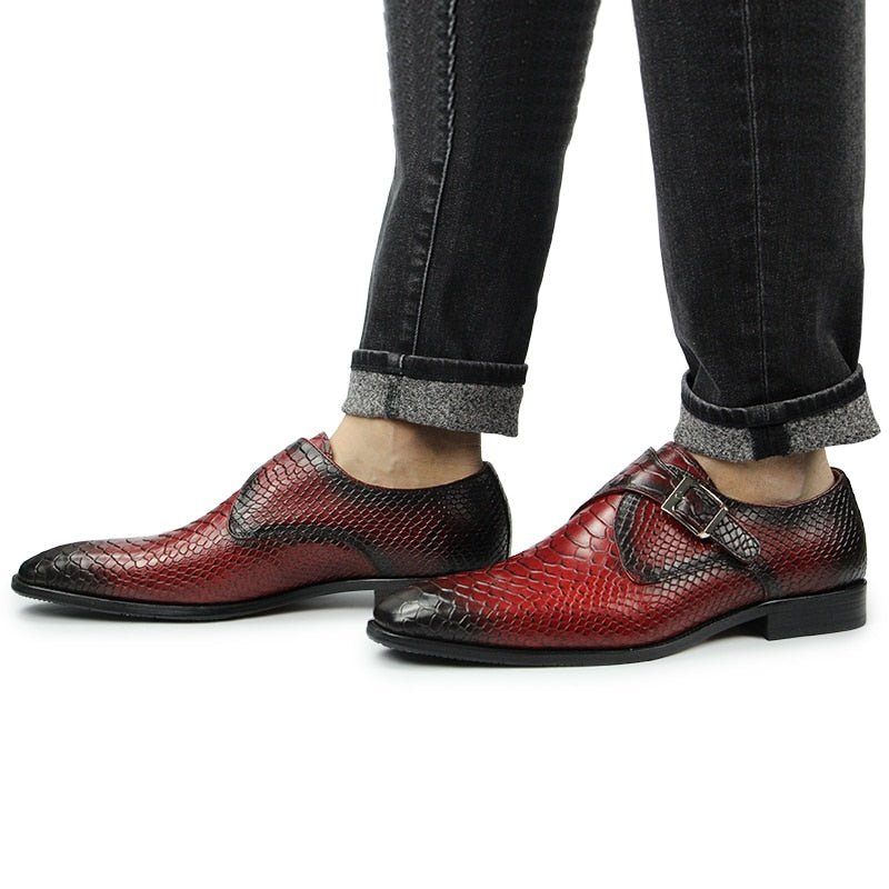 Sapatos Formais Masculinos Com Textura Crocodilo E Bico Fino Monkstrap - Vermelho