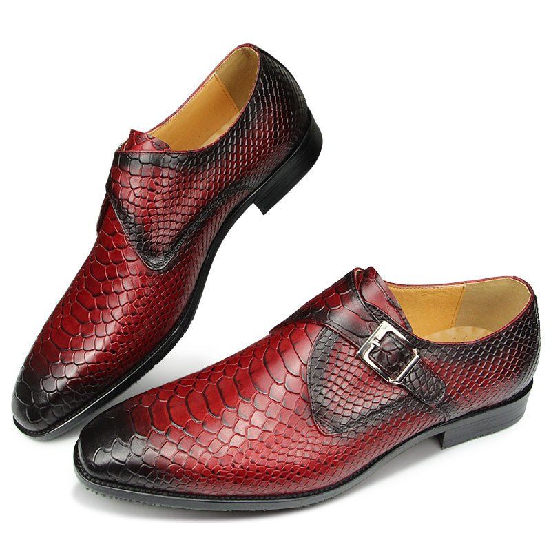 Sapatos Formais Masculinos Com Textura Crocodilo E Bico Fino Monkstrap - Vermelho