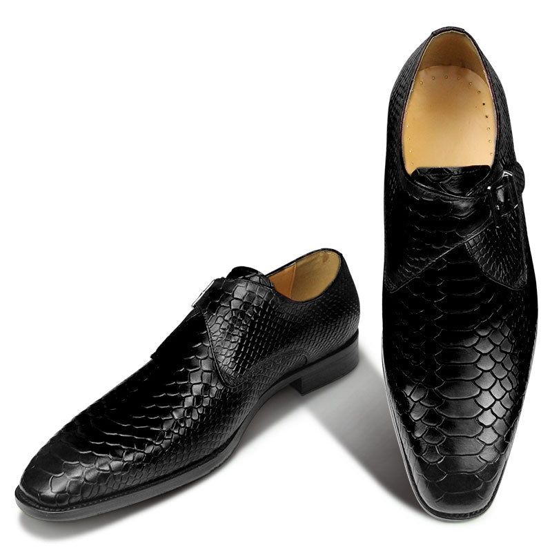 Sapatos Formais Masculinos Com Textura Crocodilo E Bico Fino Monkstrap - Preto