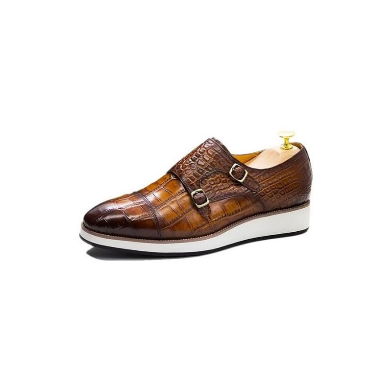 Sapatos Formais Masculinos Com Textura Crocodilo Requintada Monkstraps - Café